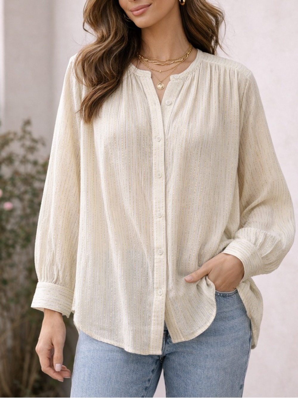 Mille Florian Top XS Ivory Gold Stripe Cotton Metallic Blouse Resort $228 NWT